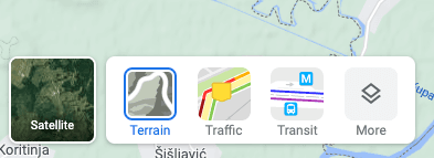 Google Maps, opcija prikaza sloja - ponuđeni slojevi